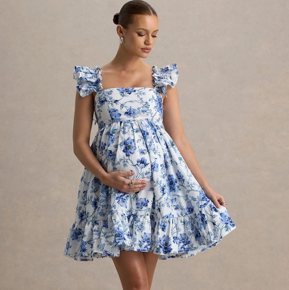 Floral Puff-Sleeve Maternity Mini Dress - Blue/White